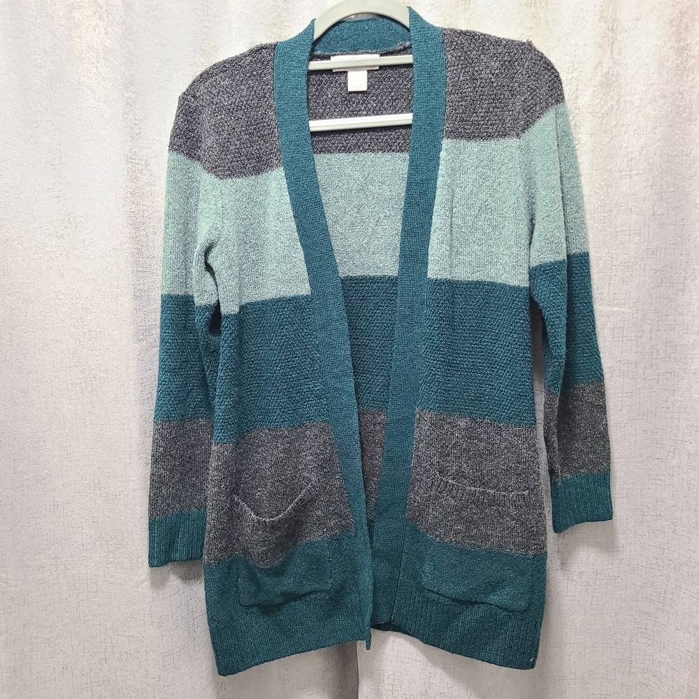 Striped Teal and Gray Women's Sweater FLAW